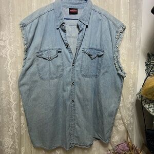 “Biker's Edge” Denim Shirt SZ: (5XL) Light Blue Wash Shredded Sleeves NNT